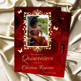 Elegant Rot, Gold Butterflies Quinceanera Folieneinladung