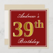 Elegant, rot, Imitat-Gold39. Geburtstag; Einladung (Vorne/Hinten)