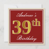 Elegant, rot, Imitat-Gold39. Geburtstag; Einladung (Vorderseite)