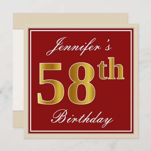Elegant, rot, Imitat-Gold58. Geburtstag; Einladung (Vorne/Hinten)