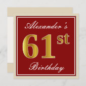 Elegant, rot, Imitat-Gold61. Geburtstag; Einladung (Vorne/Hinten)