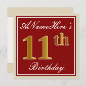 Elegant, rot, Imitate Gold 11. Geburtstag; Individ Einladung (Vorne/Hinten)