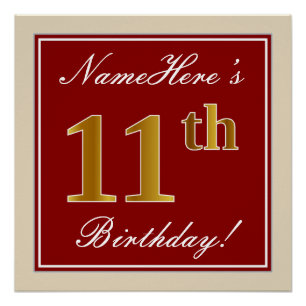 Elegant, rot, Imitate Gold 11. Geburtstag; Individ Poster