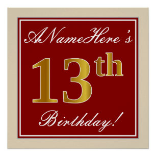 Elegant, rot, Imitate Gold 13. Geburtstag; Individ Poster