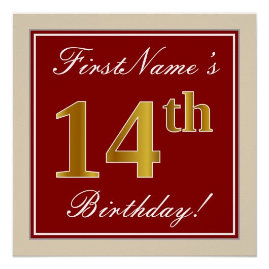 Elegant, rot, Imitate Gold 14. Geburtstag; Individ Poster (Vorderseite)