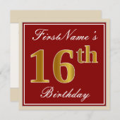 Elegant, rot, Imitate Gold 16. Geburtstag; Individ Einladung (Vorne/Hinten)