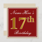 Elegant, rot, Imitate Gold 17. Geburtstag; Individ Einladung (Vorne/Hinten)