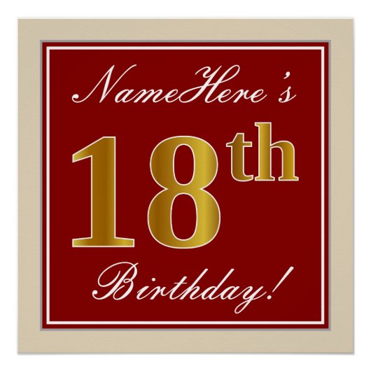 Elegant, rot, Imitate Gold 18. Geburtstag; Individ Poster (Vorderseite)
