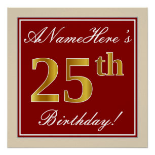 Elegant, rot, Imitate Gold 25. Geburtstag; Individ Poster