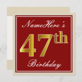 Elegant, rot, Imitate Gold 47. Geburtstag; Individ Einladung (Vorne/Hinten)