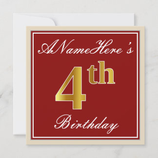 Elegant, rot, Imitate Gold 4. Geburtstag + Individ Einladung
