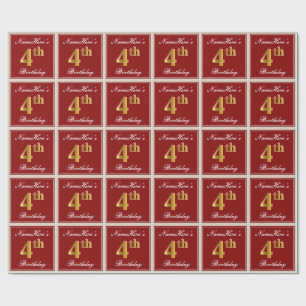 Elegant, rot, Imitate Gold 4. Geburtstag + Individ Geschenkpapier