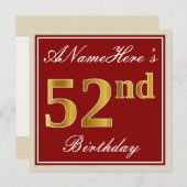 Elegant, rot, Imitate Gold 52. Geburtstag; Individ Einladung (Vorne/Hinten)