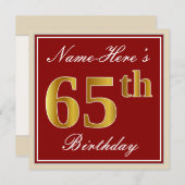 Elegant, rot, Imitate Gold 65. Geburtstag; Individ Einladung (Vorne/Hinten)