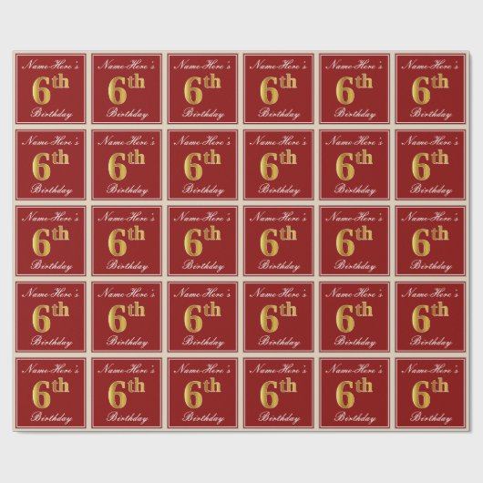 Elegant, rot, Imitate Gold 6. Geburtstag + Individ Geschenkpapier (Flach)