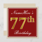 Elegant, rot, Imitate Gold 77. Geburtstag; Individ Einladung (Vorne/Hinten)