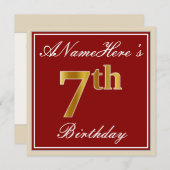 Elegant, rot, Imitate Gold 7. Geburtstag + Individ Einladung (Vorne/Hinten)