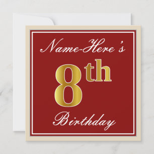 Elegant, rot, Imitate Gold 8. Geburtstag + Individ Einladung