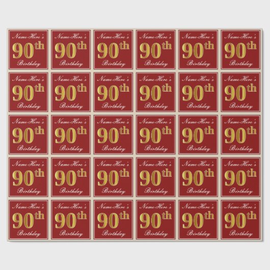 Elegant, rot, Imitate Gold 90. Geburtstag; Individ Geschenkpapier (Flach)