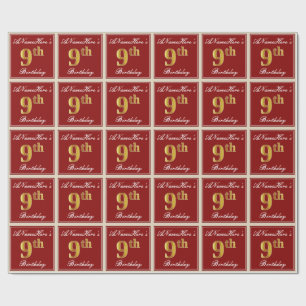 Elegant, rot, Imitate Gold 9. Geburtstag + Individ Geschenkpapier