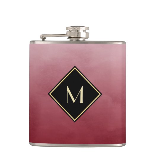 Elegant rot mit einfachem Goldmonogramm Flachmann (Vorderseite)