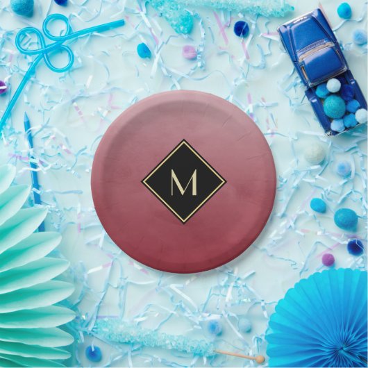 Elegant rot mit einfachem Goldmonogramm Pappteller (Party)