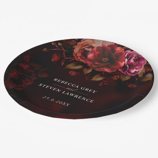 Elegant rot schwarz floral Hochzeit romantisch Pappteller (Schrägansicht)