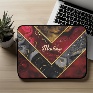 Elegant rot schwarz gold Mädchen geometrisch Laptopschutzhülle