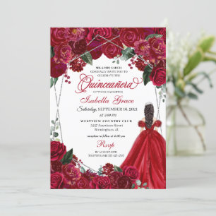 Elegant Rot & Silver Floral Quinceanera Geburtstag Einladung