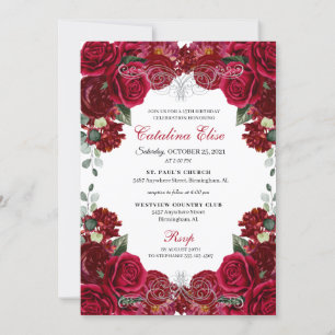 Elegant Rot & Silver Floral Quinceanera Geburtstag Einladung