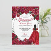 Elegant Rot & Silver Floral Quinceanera Geburtstag Einladung (Stehend Vorderseite)
