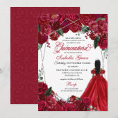 Elegant Rot & Silver Floral Quinceanera Geburtstag Einladung (Vorne/Hinten)