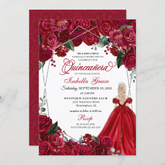 Elegant Rot & Silver Floral Quinceanera Geburtstag Einladung