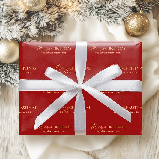 Elegant Rot und Gold Frohe Weihnachtsfamilie Name Geschenkpapier