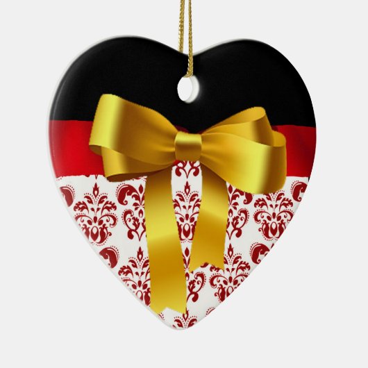 ELEGANT ROT WHITE DAMASK YELLOW RIBBON MONOGRAMM KERAMIKORNAMENT (Rechts)