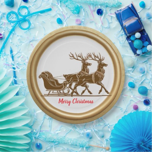 Elegant Roter Rentier Schlitten Gold Snow Merry Xm Pappteller (Party)