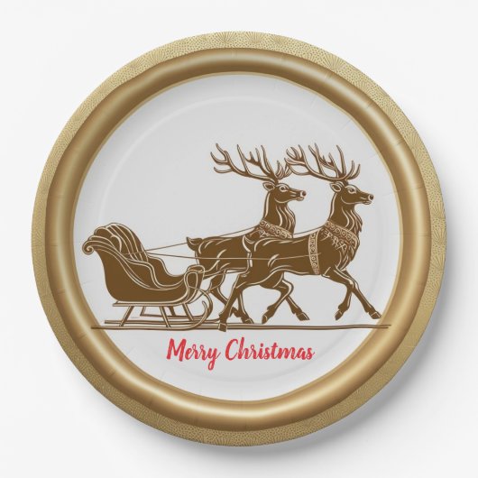 Elegant Roter Rentier Schlitten Gold Snow Merry Xm Pappteller (Vorderseite)
