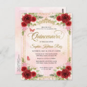 Elegant Rotes Rotes Rosa Gold Tiara Quinceañera Postkarte (Vorne/Hinten)