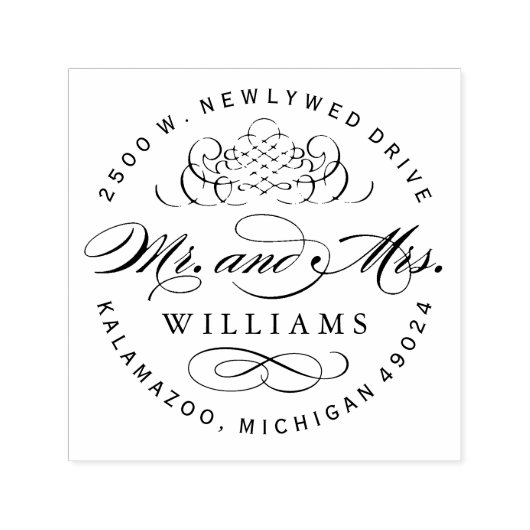 Elegant Round Mr. and Mrs Monogram Rücksendeadress Permastempel (Design)