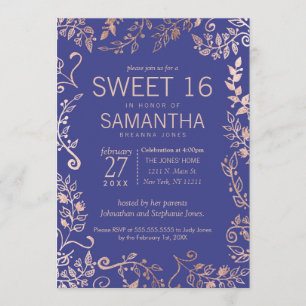Elegant Roya Blue Rose Gold Floral Sweet 16 Einlad Einladung