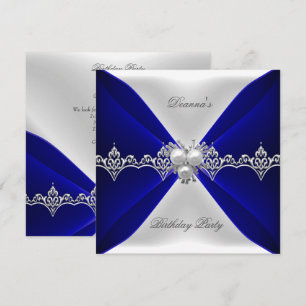 Elegant Royal Blau Geburtstag Juwel Weiße Seide Einladung