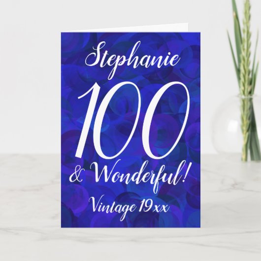 Elegant Royal Blue 100 und wunderbarer Name Geburt Karte (Vorderseite)
