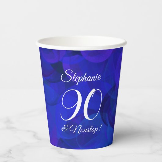 Elegant Royal Blue 90 und Nonstop Birthday Party Pappbecher (Rückseite)