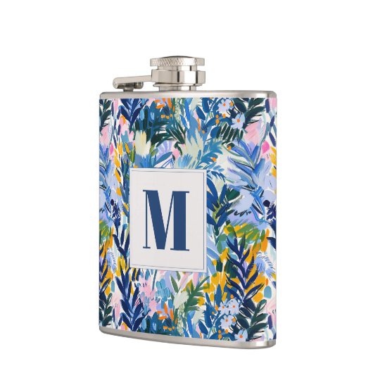 Elegant Royal Blue Abstrakt Botanical Mit Monogram Flachmann (Links)