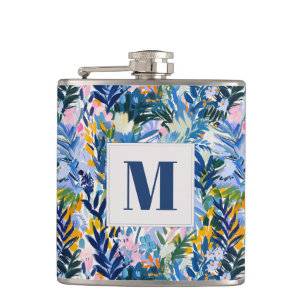 Elegant Royal Blue Abstrakt Botanical Mit Monogram Flachmann