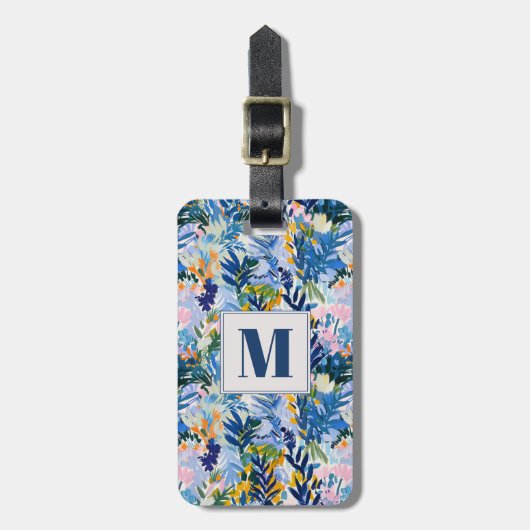 Elegant Royal Blue Abstrakt Botanical Mit Monogram Gepäckanhänger (Vorderseite vertikal)