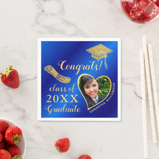 Elegant Royal Blue and Gold Foto 2025 Abschluss Serviette (Beispiel)