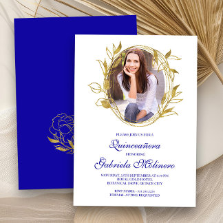 Elegant Royal Blue and Gold Foto Quinceanera Einladung
