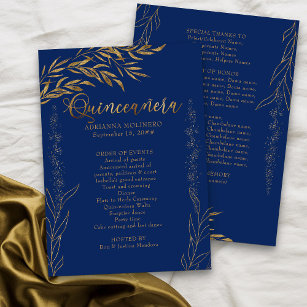 Elegant Royal Blue and Gold Leaf Quinceanera Programm