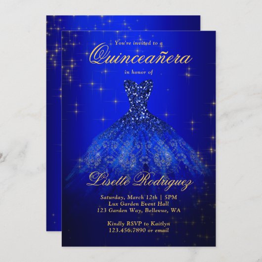 Elegant Royal Blue and Gold Themed Quinceanera Einladung (Vorne/Hinten)